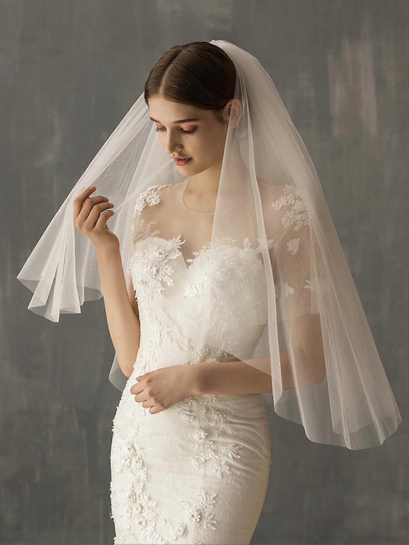 Medium length white bridal veil, double layered, simple and elegant for wedding and photoshoot