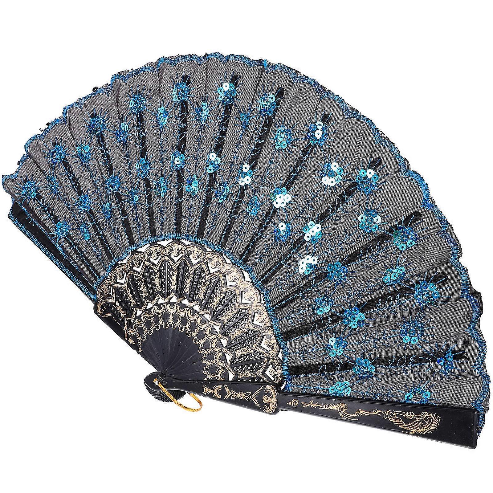 Oriental Peacock Handheld Fan for Party Use Blue Folding Fan with Sequins