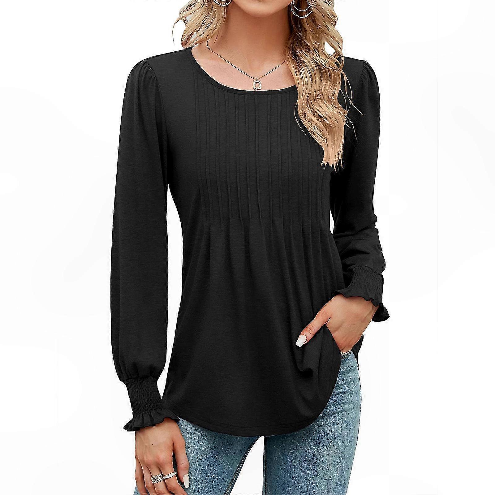 Women's Solid Color Crewneck Tunic Top with Smocked Cuffs and Puff Long Sleeves Casual Pullover Blouse White XXL