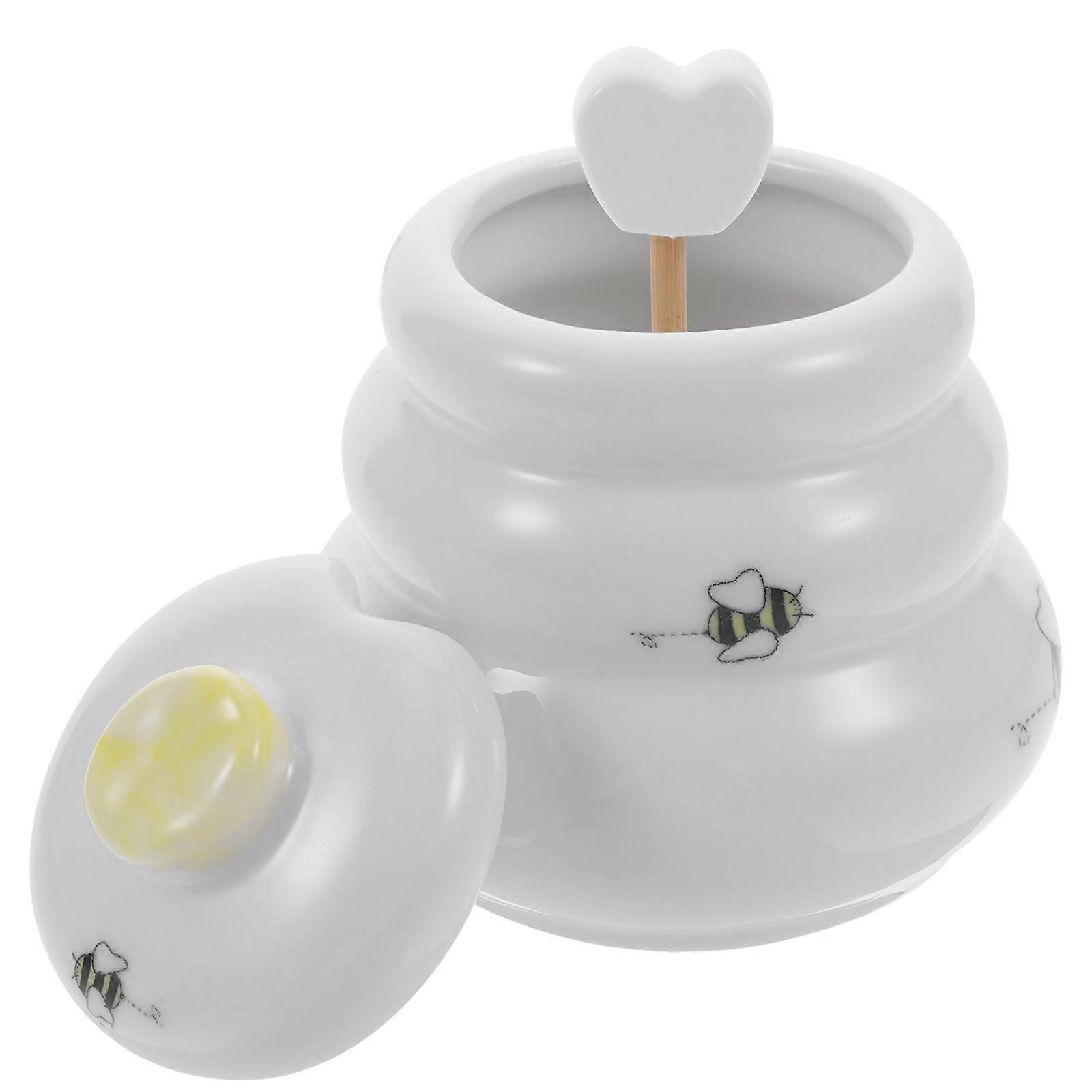 Bee Honey Jar Container with Wooden Dipper for Housewives Honey Storage 7.00X6.00X6.00CM White 1Pcs