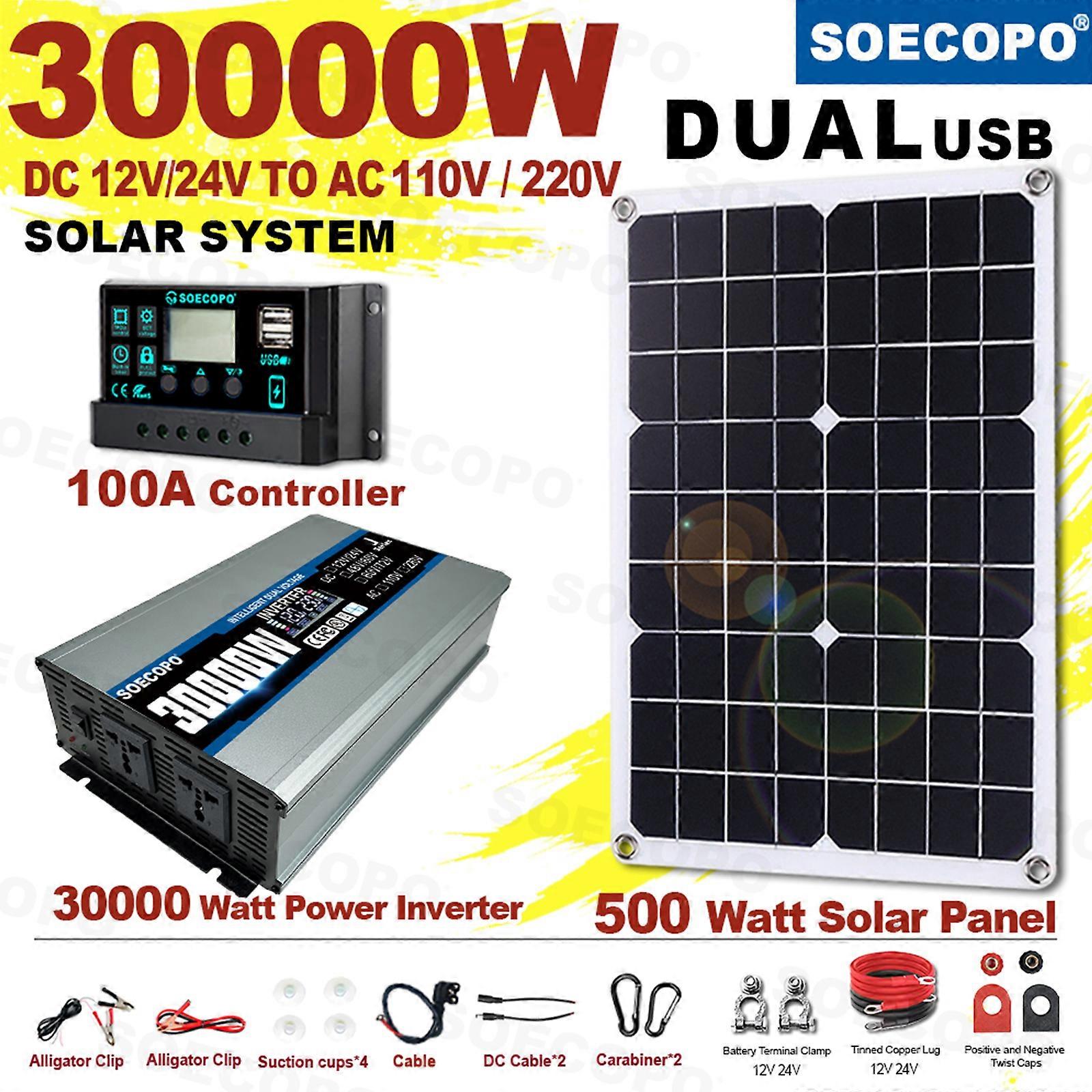 מערכת סולארית משולבת 30000W SOECOPO | פאנל 500W + בקר 100A + ממיר | 12V24V DC ל- 110V/220V AC