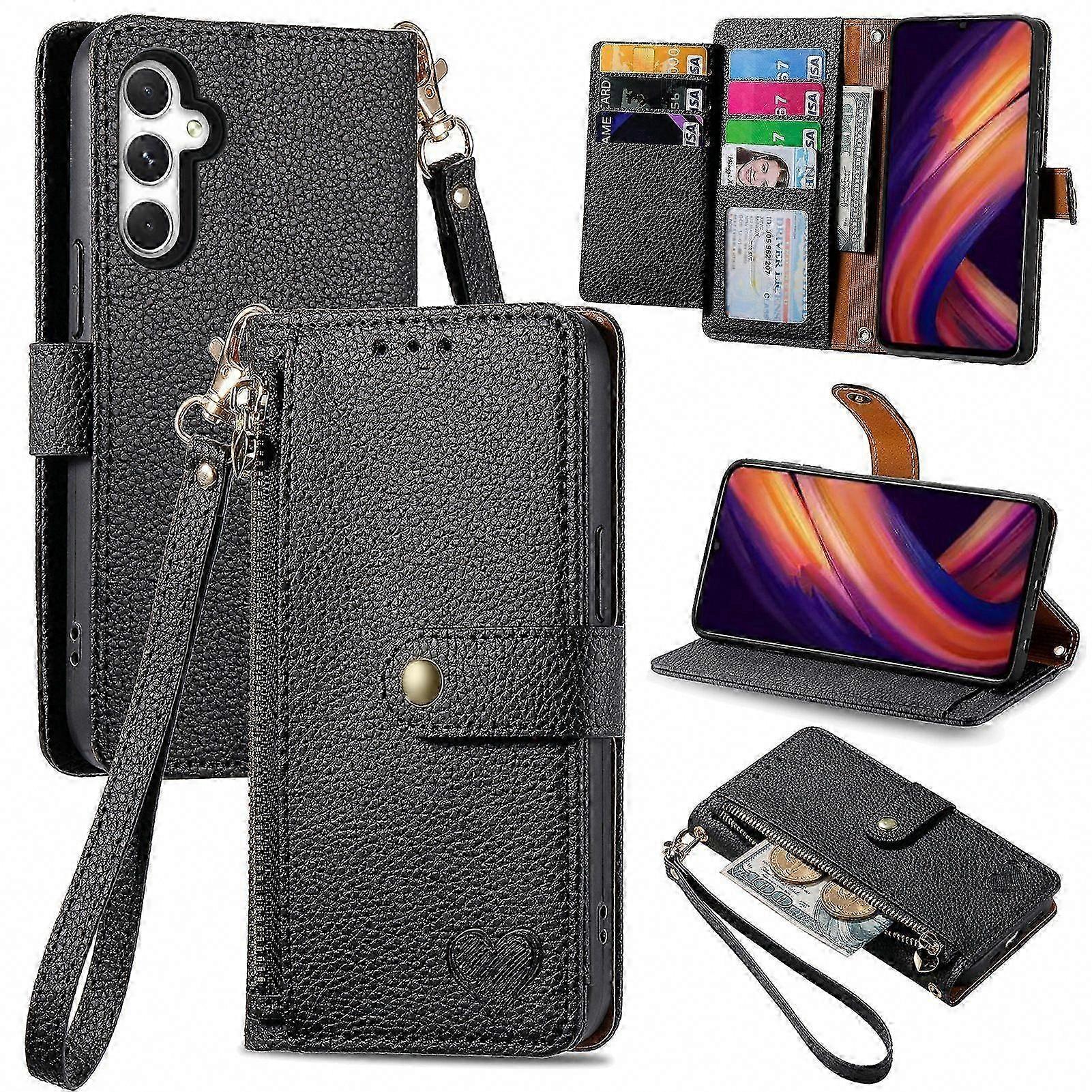 Leather Wallet Case for Galaxy A25 5G with Zipper, 7 Card Slots & Wrist Strap