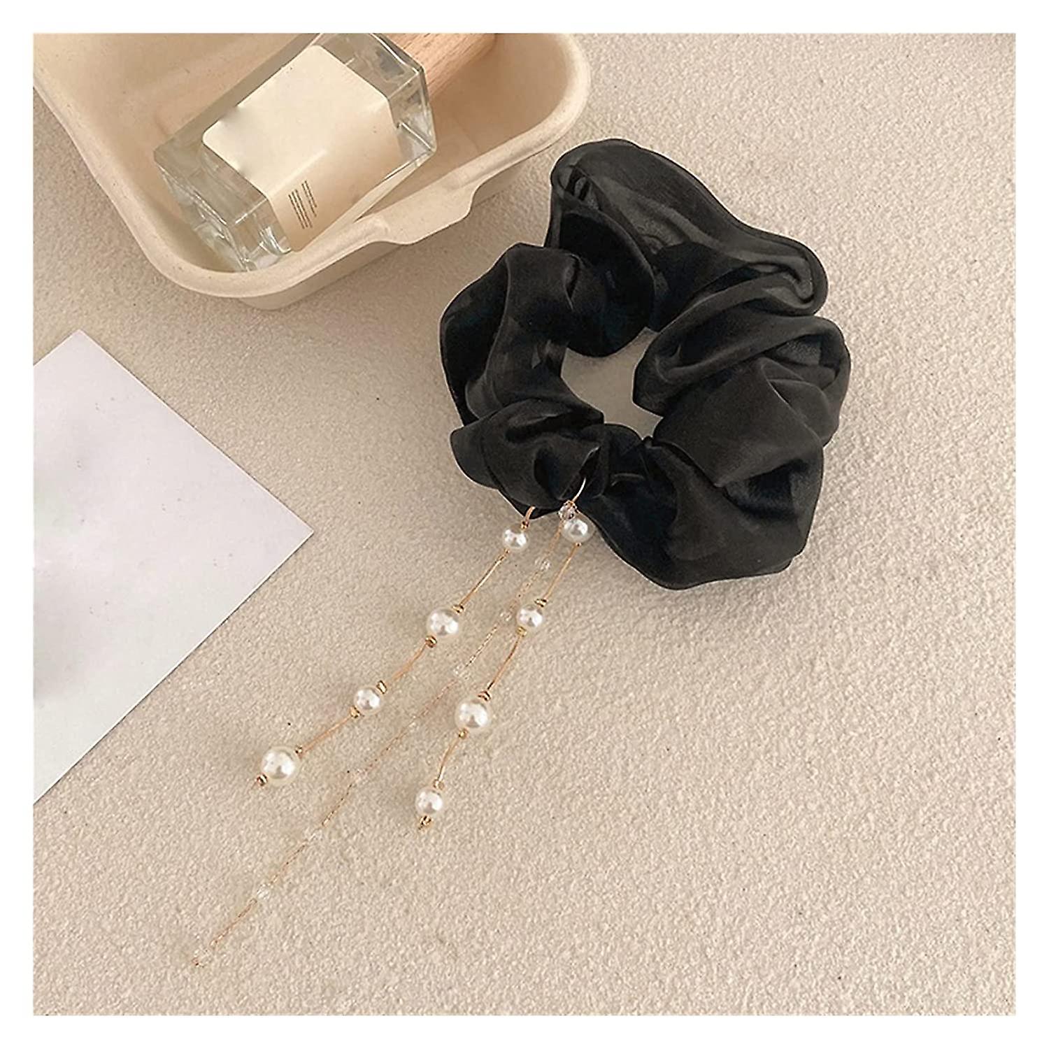 Lxrzls المرأة اللؤلؤ الأنيق حجر الراين شرابة الشيفون الأمعاء الغليظة مرنة الشعر العصابات الشعر الحلو التعادل سكرانشي اكسسوارات الشعر (اللون : أسود)