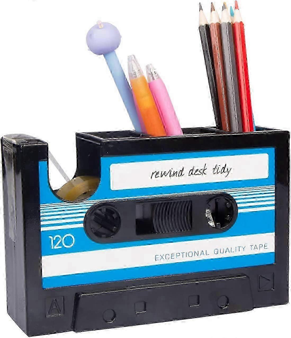 2pcs Creative Tape Pen Holder, Retro Cassette Tape Dispenser, Stationery Desk Tidy Container, Office Stationery Storage Container (Blue)