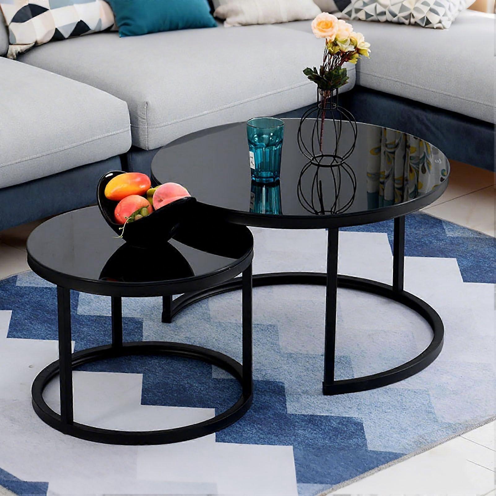 Nesting Coffee Table Set Round Glass Tops With Metal Frame Set Of 2 Center Tables For Living Room Bedroom Space Saving