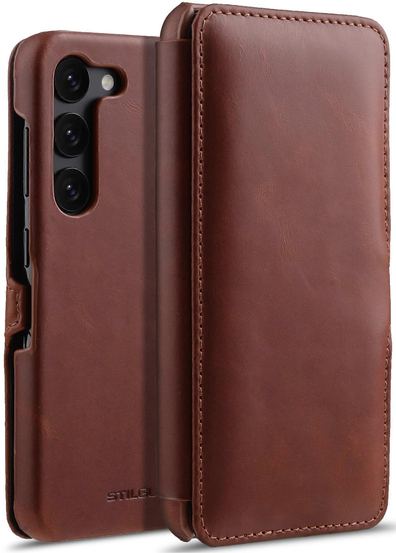 Book Case For Galaxy S23, Leather Flip Case With Clip Closure, Cognac