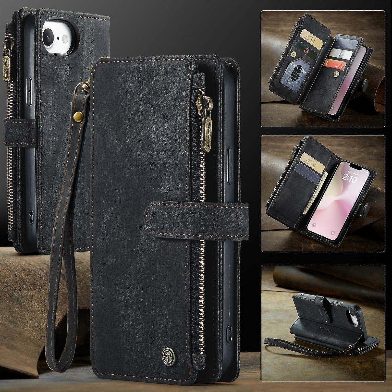 For iPhone 11 13 14 15 16 17 Pro Max Multifunction Wallet PU Leather Case +Strap