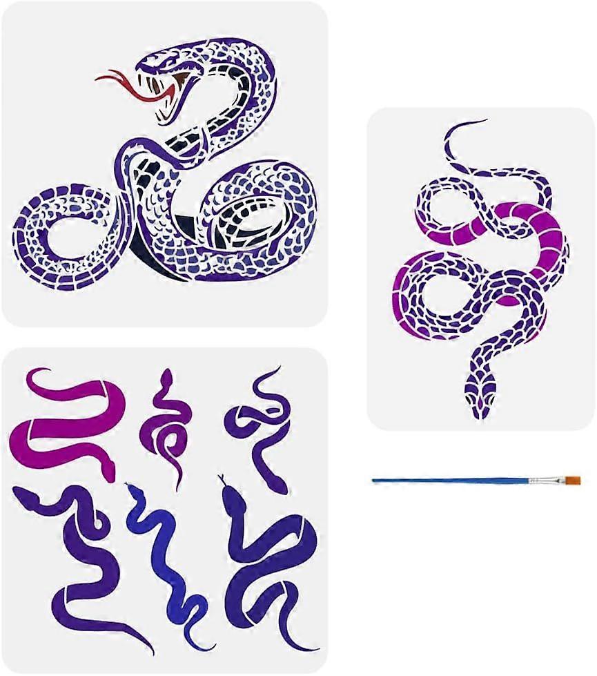 3 Pcs Snake Painting Stencil with A Paint Brush 2 Size Snake Pattern Drawing Template Animal Theme DIY Art Decoration Stencil for Painting on Wood Wal