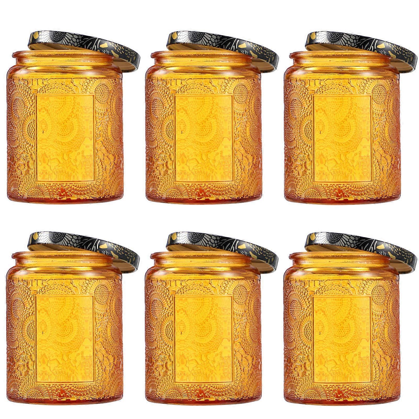 6pcs Embossed Glass Candle Jars with Lids for DIY Candle Making and Home Decor Amber