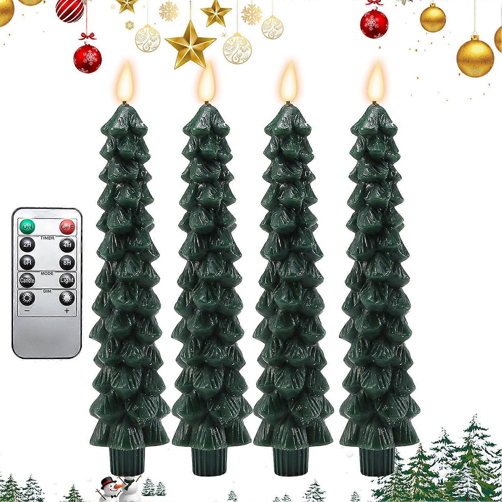 Christmas Tree Flameless Taper Candles with Remote Control Timer, LED Flickering Taper Candles for Holiday Home Decor