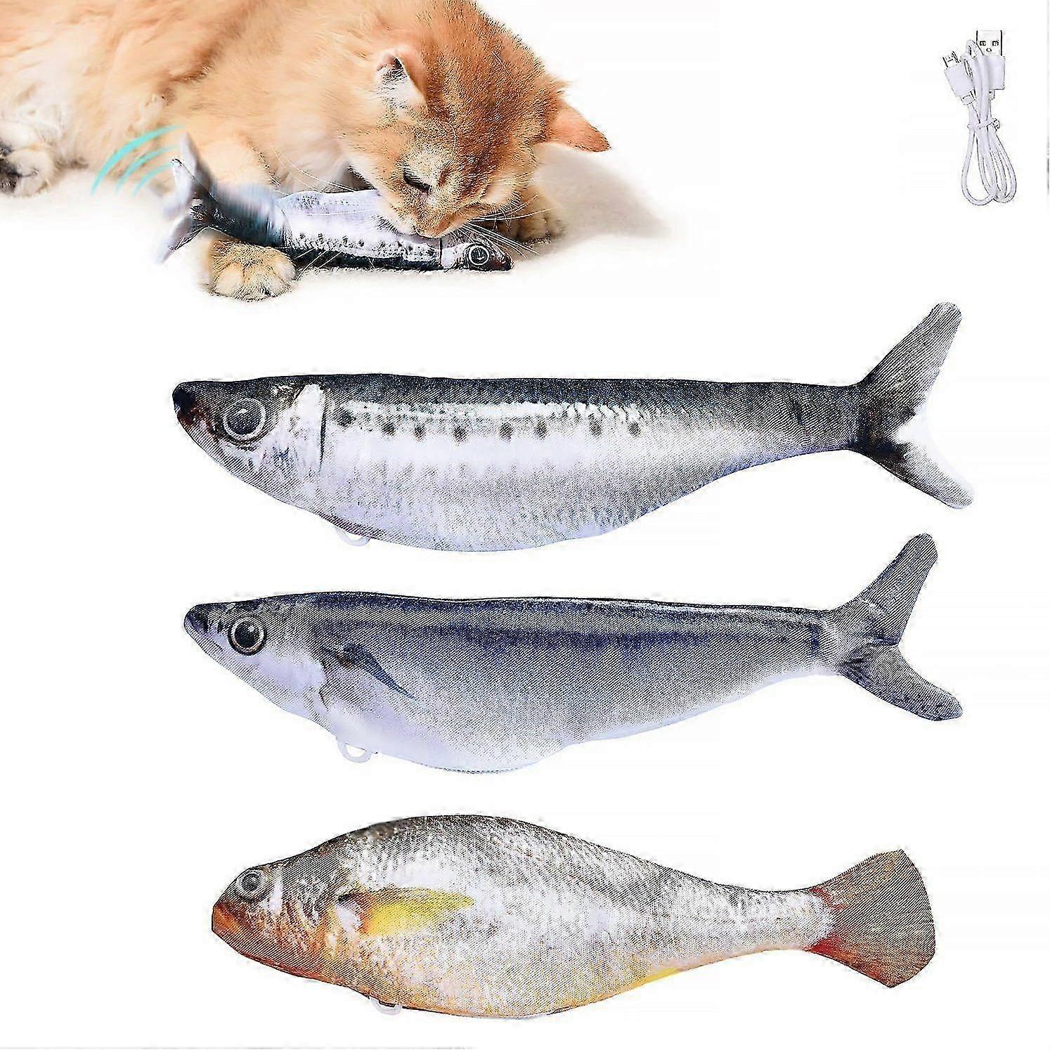 Bite-Sized Realistic Flopping Fish Cat Toys, 3 Pack Interactive Cat Toys for All Breeds, Tap-Activated 3 Flapping Mode, Rechargeable, 7 Inches