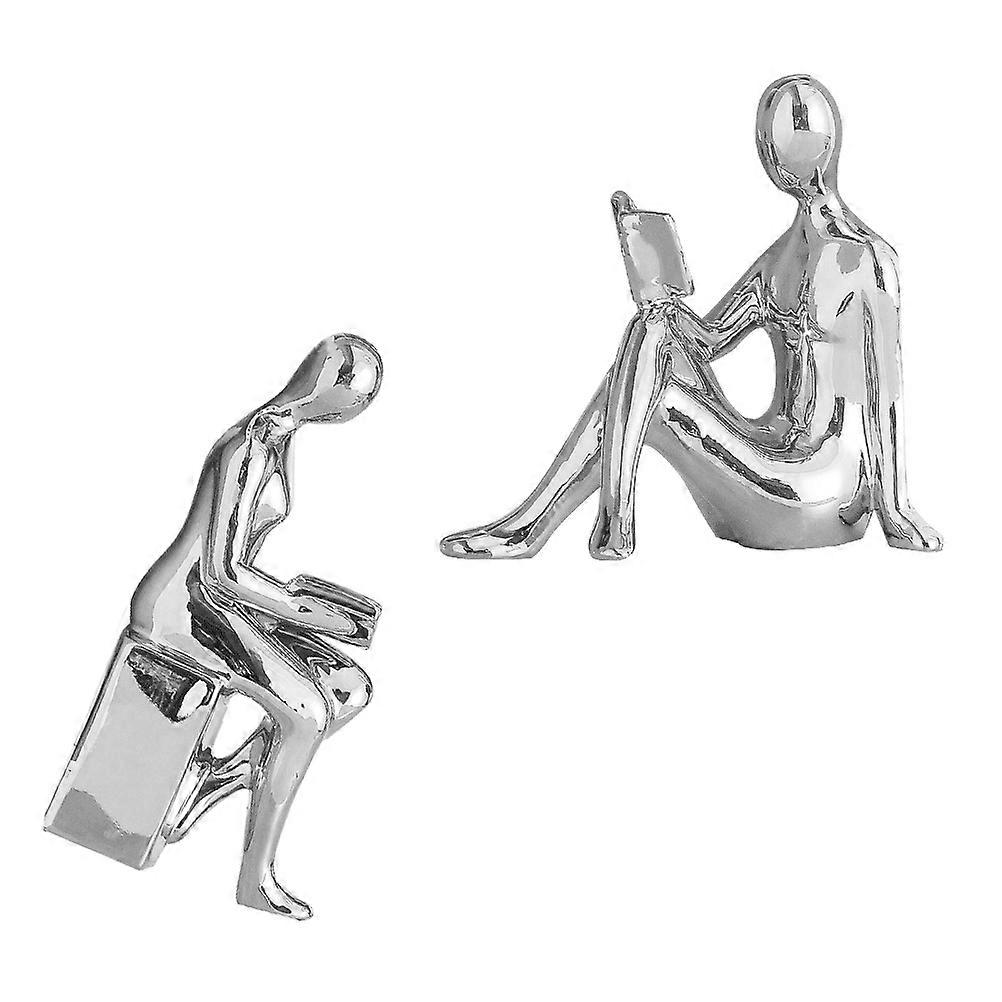 Silver Ceramic Reader Statue 1Pair for Bookshelf Decoration