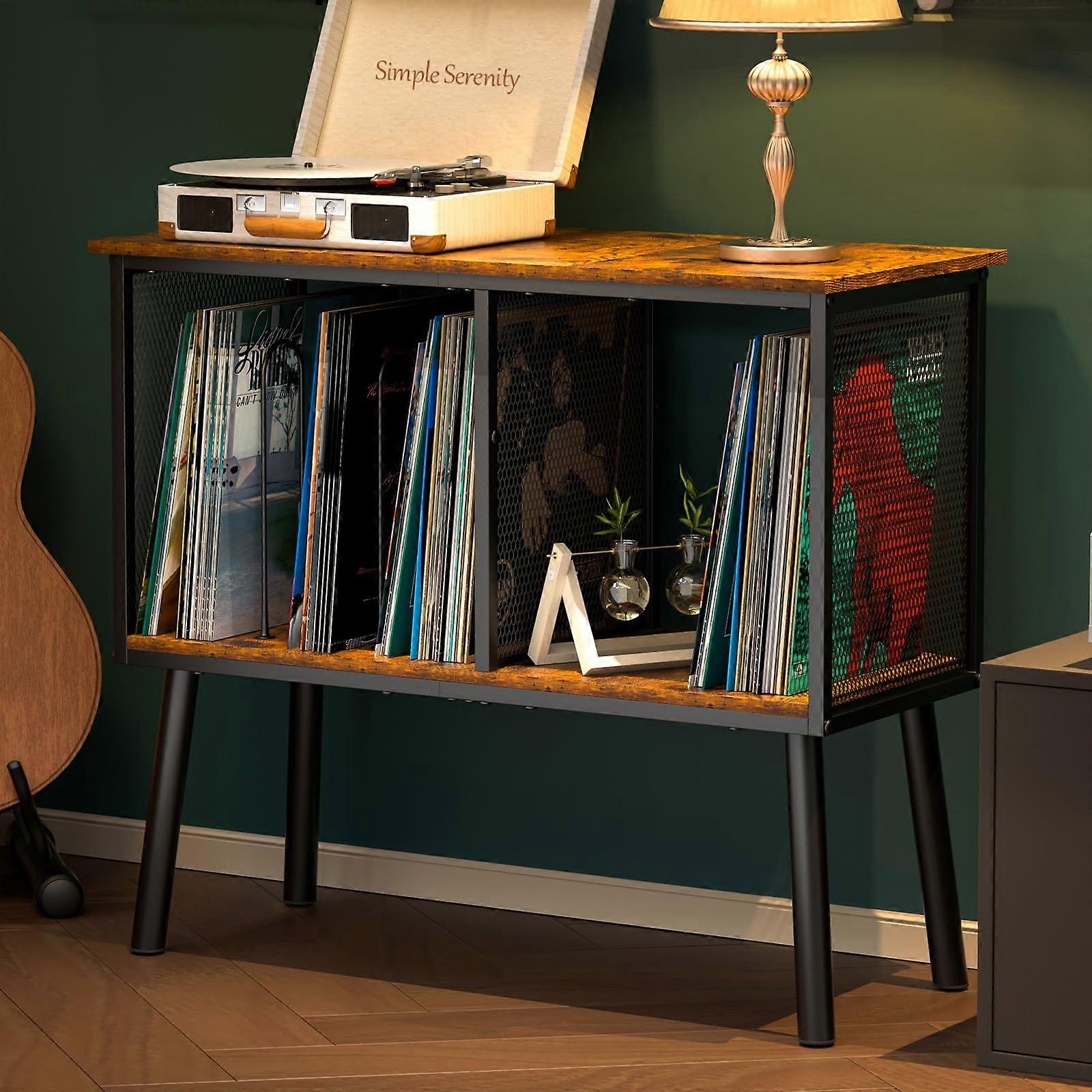 Record Player Stand with Adjustable Divider, MidCentury Table for Large Vinyl Record Storage