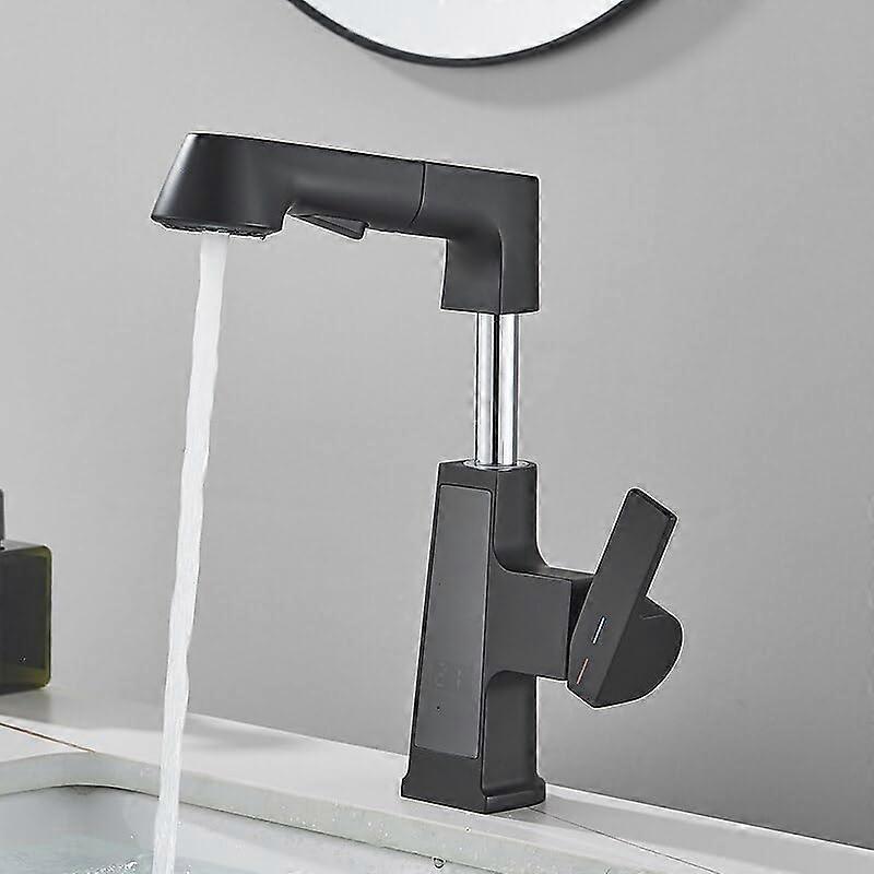 Black Bathroom Faucet with Pull Out Spray, Solid Brass Basin Mixer, Hot and Cold, Display, Black