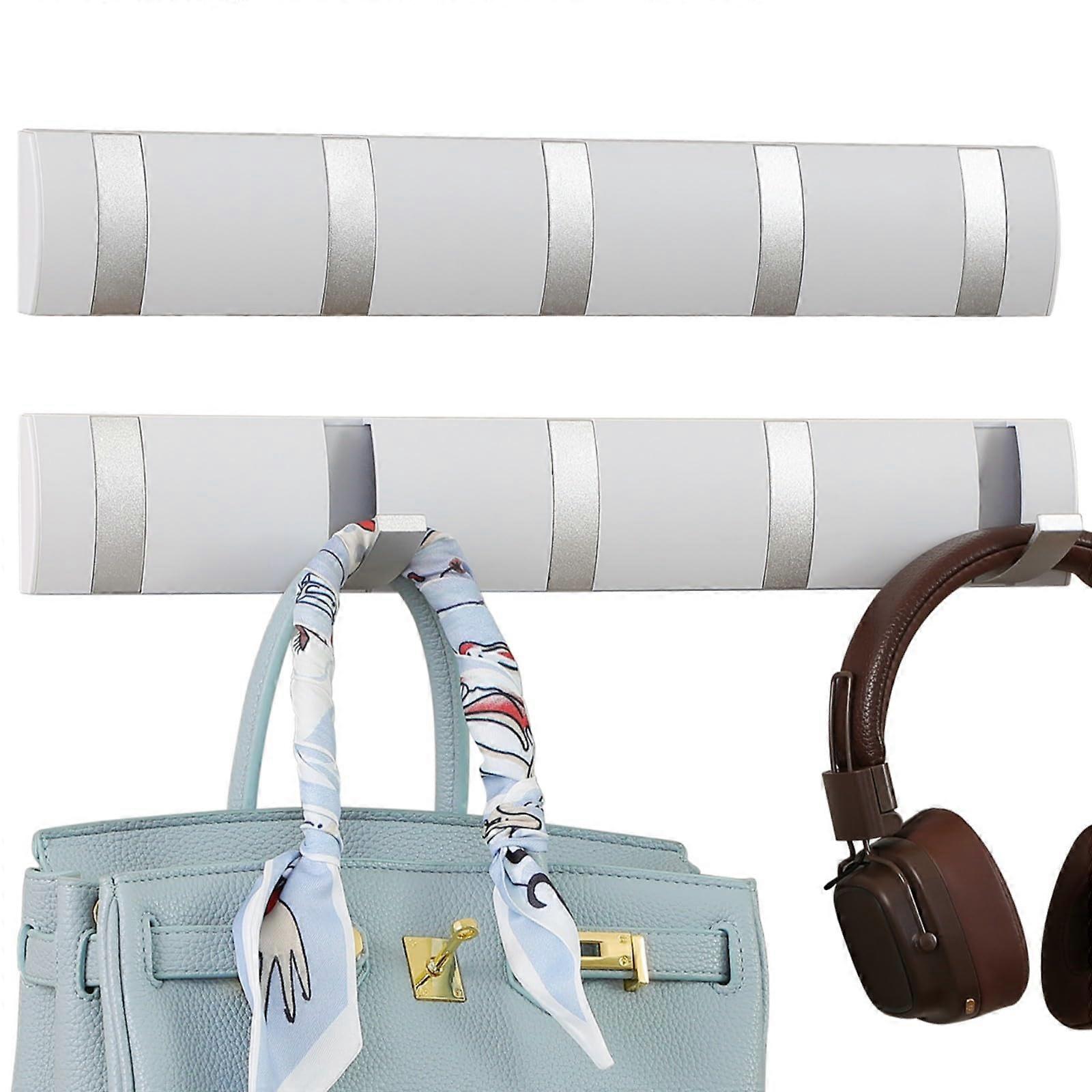 2 Pack Wall Mounted Coat Rack with Foldable Hooks, Space Saving Aluminum Rail for Entryway Bathroom, White and Silver