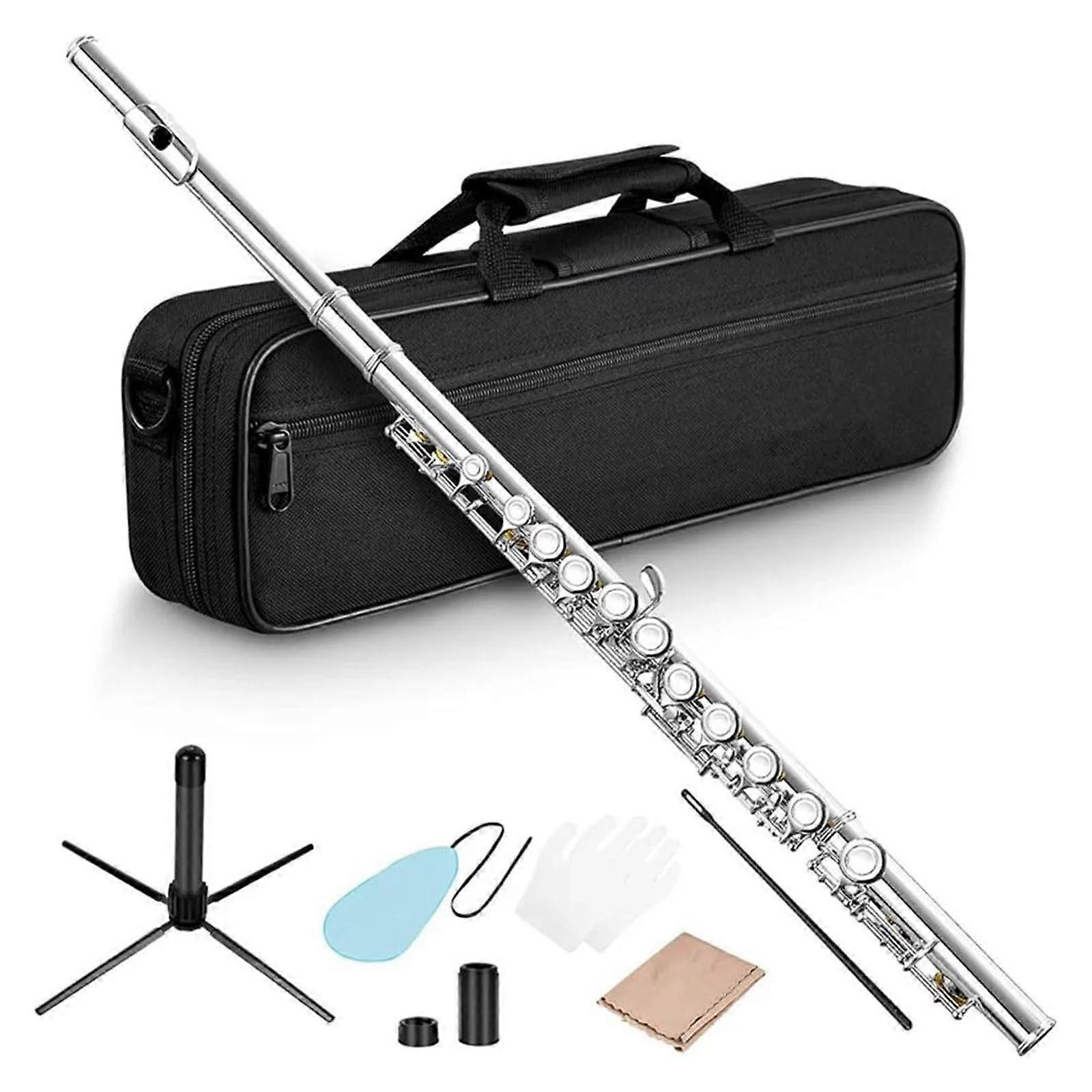 Beginner Flute Nickel Plated Closed Hole 16 Key C Flute with Case for Easy Playability