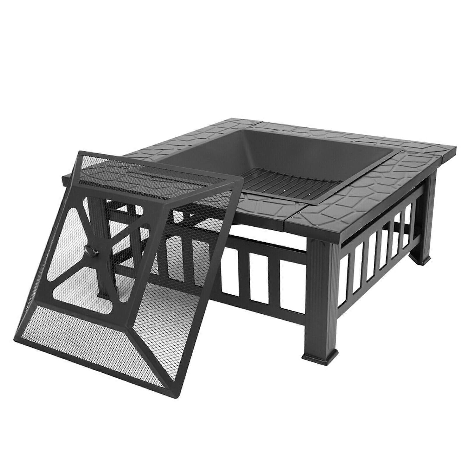 32 Inch Square Outdoor Fire Pit Table, Durable Metal Backyard Wood Burning Fire Pit