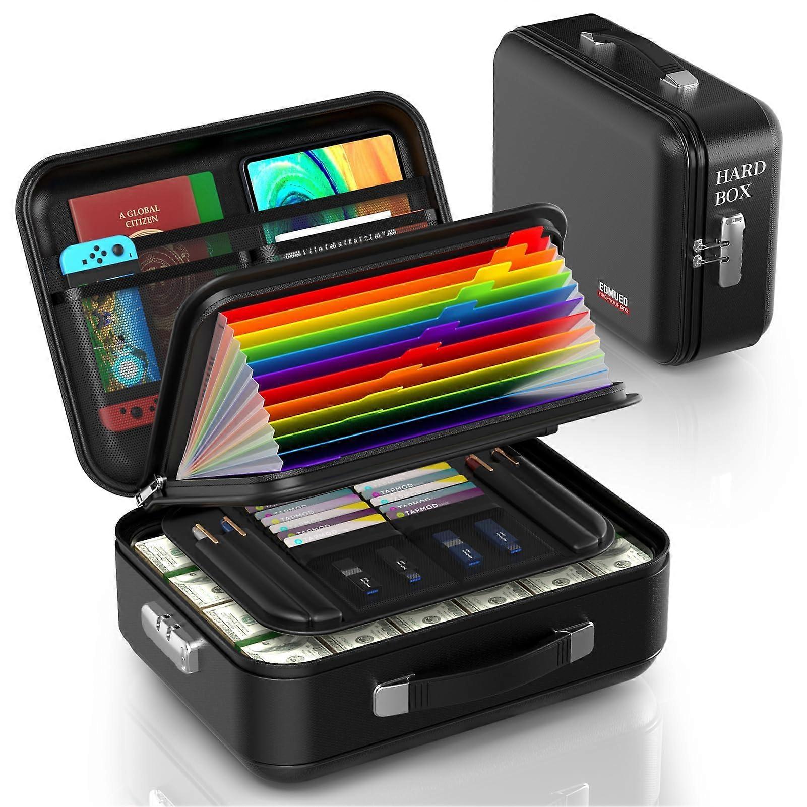 Fireproof Document Box with Combination Lock, Water Resistant Safe for Documents and Laptops, Black