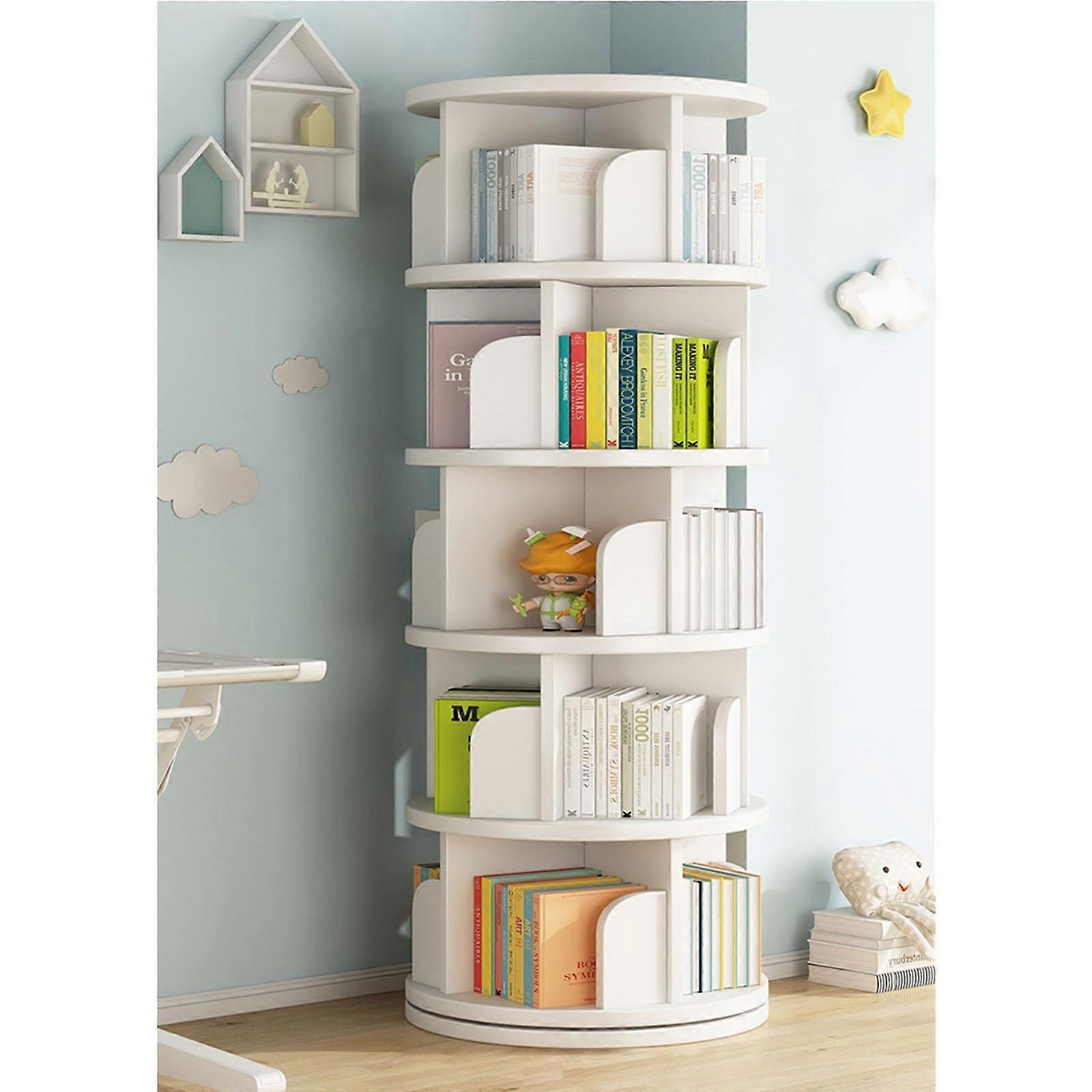 White 360 Degree Rotating Bookshelf Tower, FiveLayer Solid Wood Corner Bookcase for Small Spaces