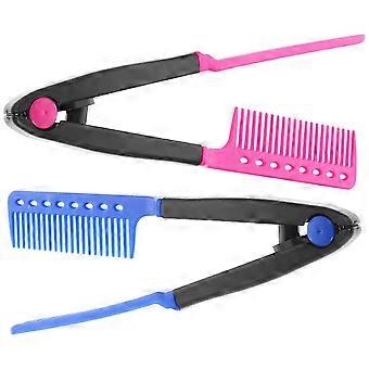 2PCS V-Shaped Hair Combs Straightening Hair Clip Comb Hairdressing Styling Comb for Lady (Rsoy and Blue)
