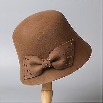 Women's Wool Fisherman Hat with Beaded Side Bow, Warm Retro Bucket Hat for Autumn Winter, Stylish Mom Gift
