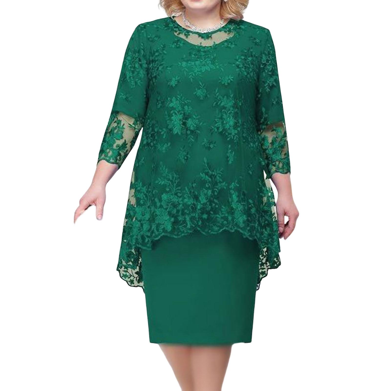 1 Takım O-yaka Yüksek Bel Artı Boyutu Midi Elbise Nakış Dantel Çiçek Kapak Up 3/4 Kollu Bayan Abiye Seti Kadın Giyim