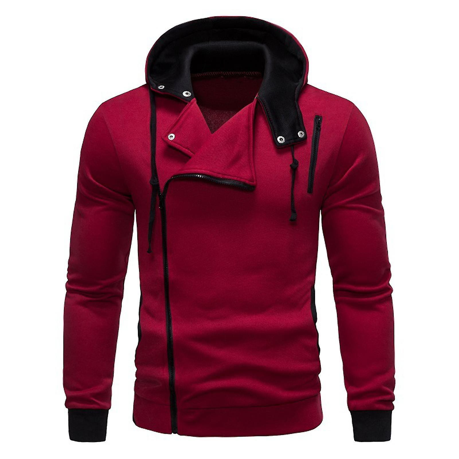 Men Fall Hoodie Oblique Zipper Long Sleeve Hooded Contrast Color