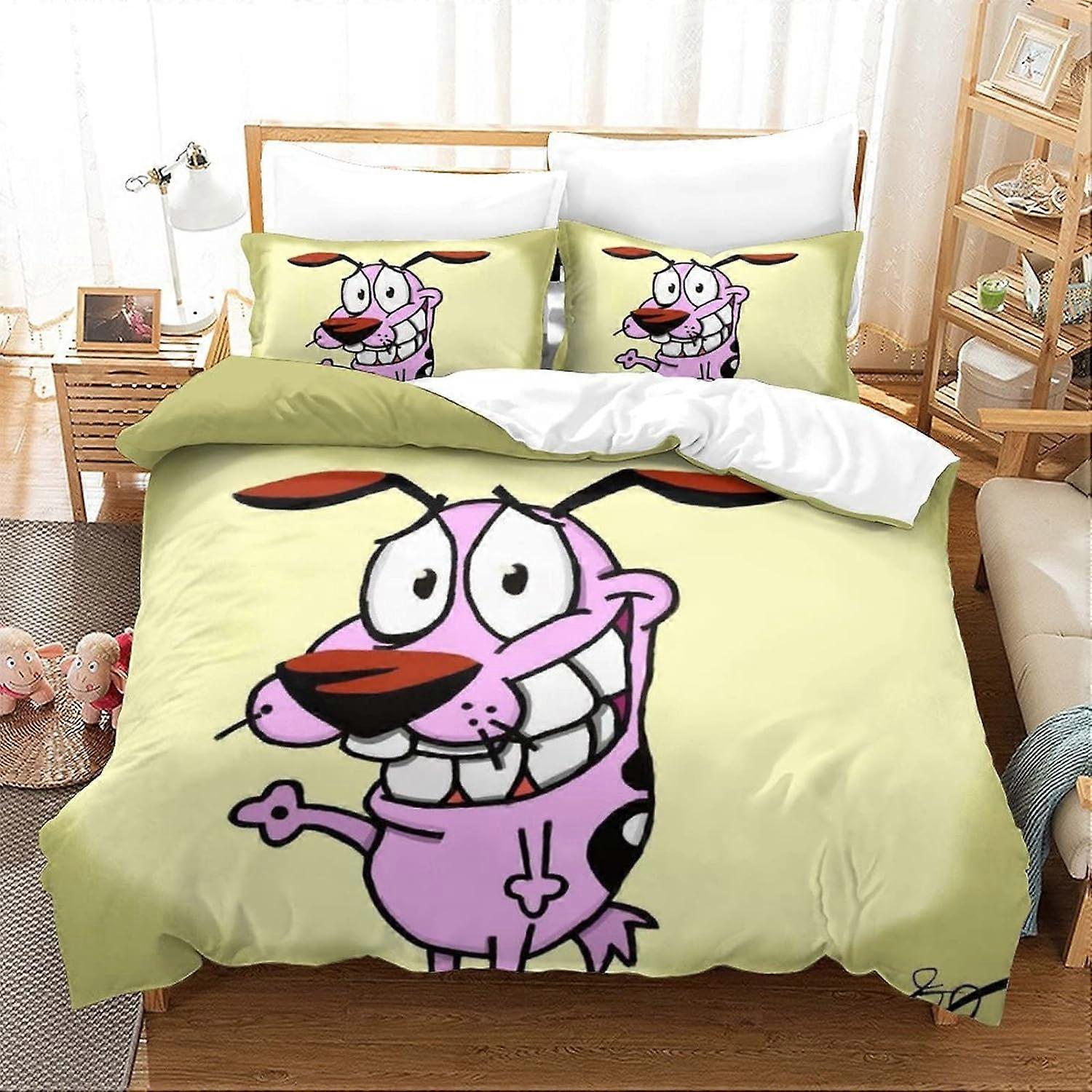 Courage The Cowardly Dog طقم مفروشات غطاء لحاف الكرتوني وغطاء وسادة من الألياف الدقيقة الناعمة مع سحاب للأطفال والمراهقين E 135 * 200 سم