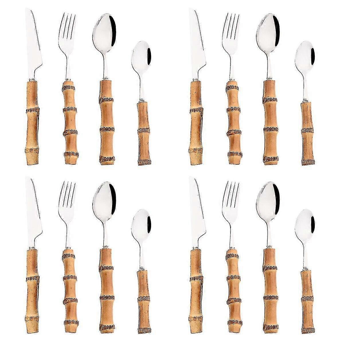 4/8/16/24stk Creative Bamboo Håndtag Bestik Sæt Rustfrit stål Bordservice Bøf Kniv Gaffel Ske Teaspoo