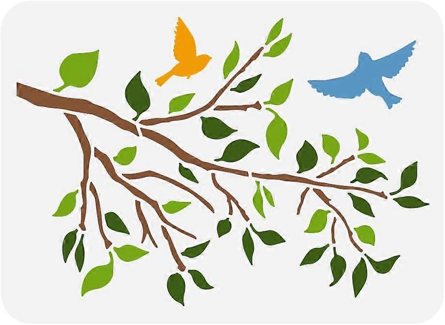 Tree Branch Painting Stencil 8.3x11.7inch Reusable Tree Leaves Pattern Stencil for Painting Large Flying Birds Drawing Template DIY Plant Theme Stenci