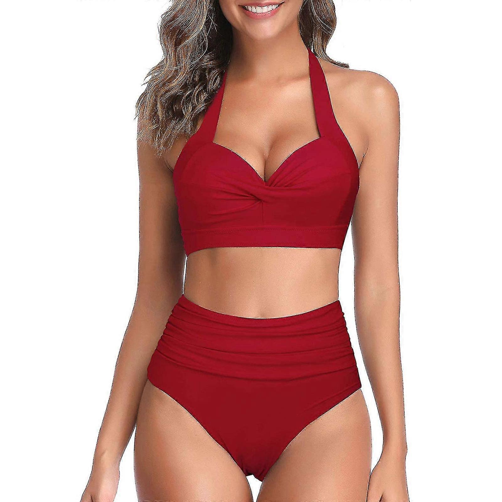 Women Two Piece Vintage Swimsuit Retro Halter Ruched High Waist Bikini With Bottom