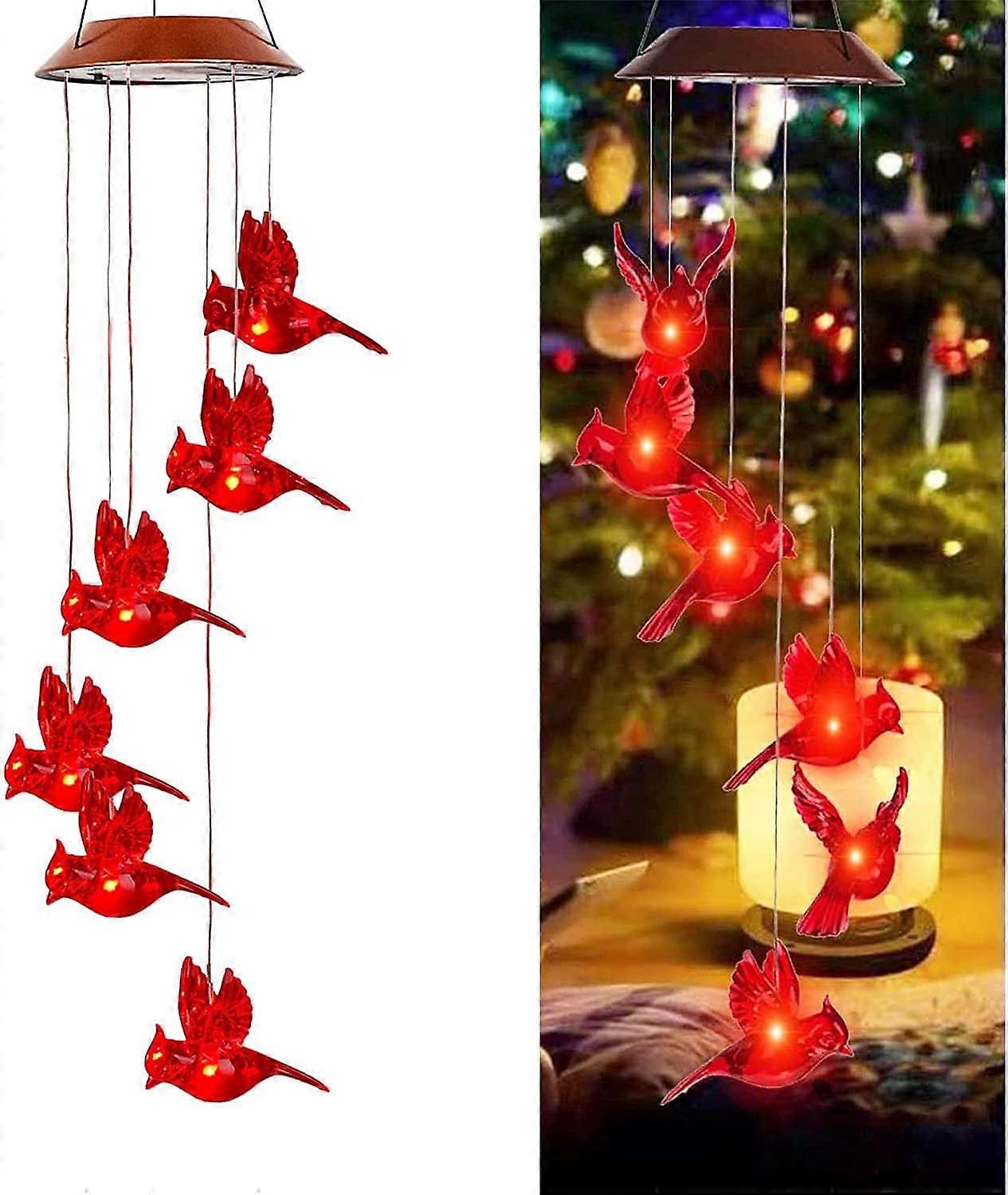 Solar Powered LED Red Cardinal Bird Wind Chime Color-Changing Light Yard Decor,100% New
