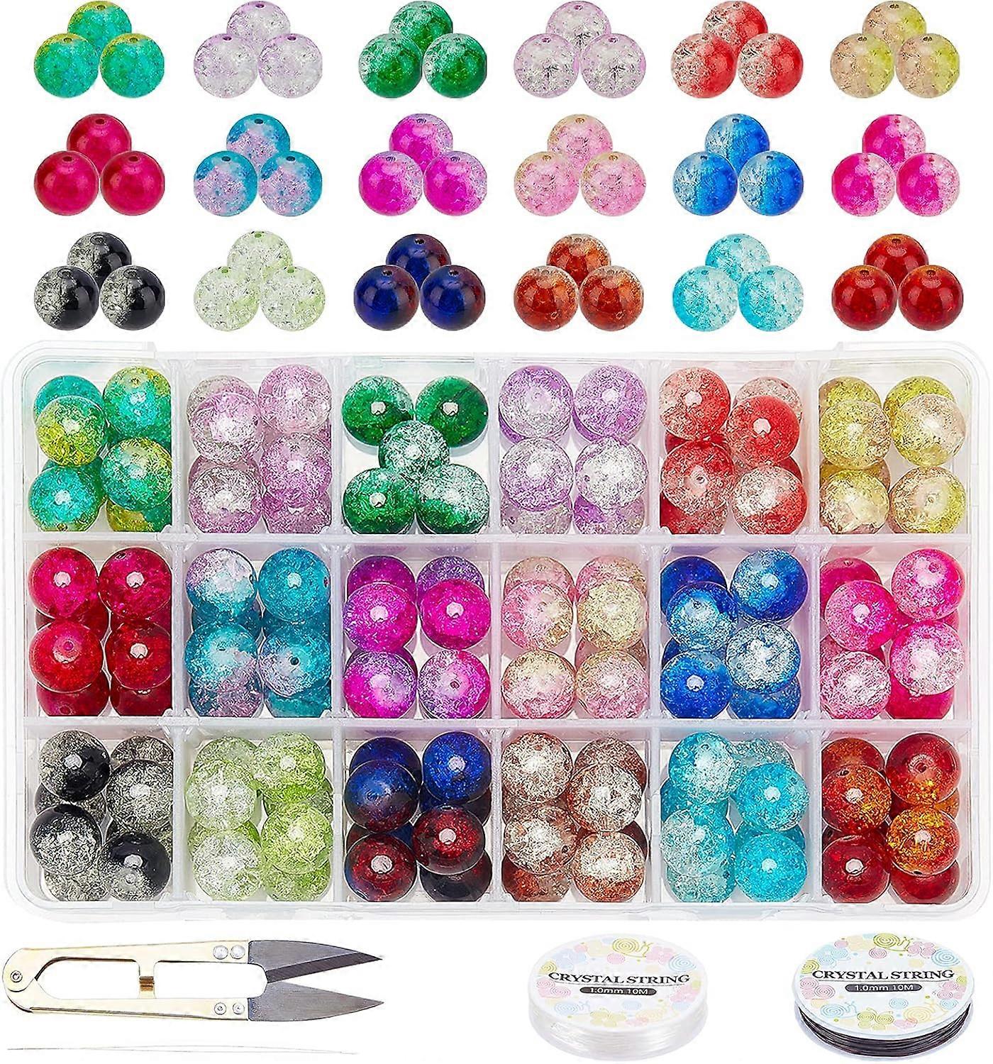 12mm Crackle Lampwork Glass Beads 144pcs Round Handcrafted Loose Crackle Beads with Scissors Elastic Thread Beading Needles for Jewelry Making DIY