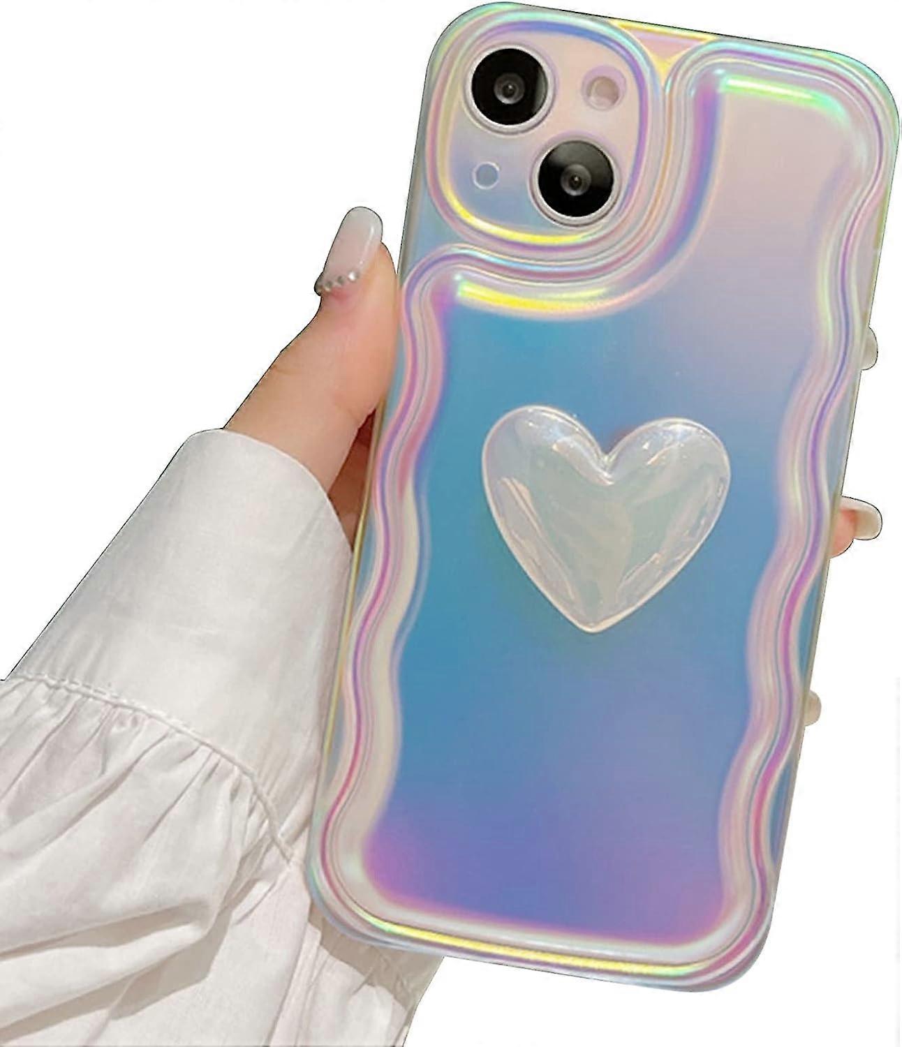 Compatible for iPhone 12 Pro Case Cute Gradient Laser Colorful Heart Design with Wavy Edge for Girls Women Soft TPU Shockproof Protective Girly for iP