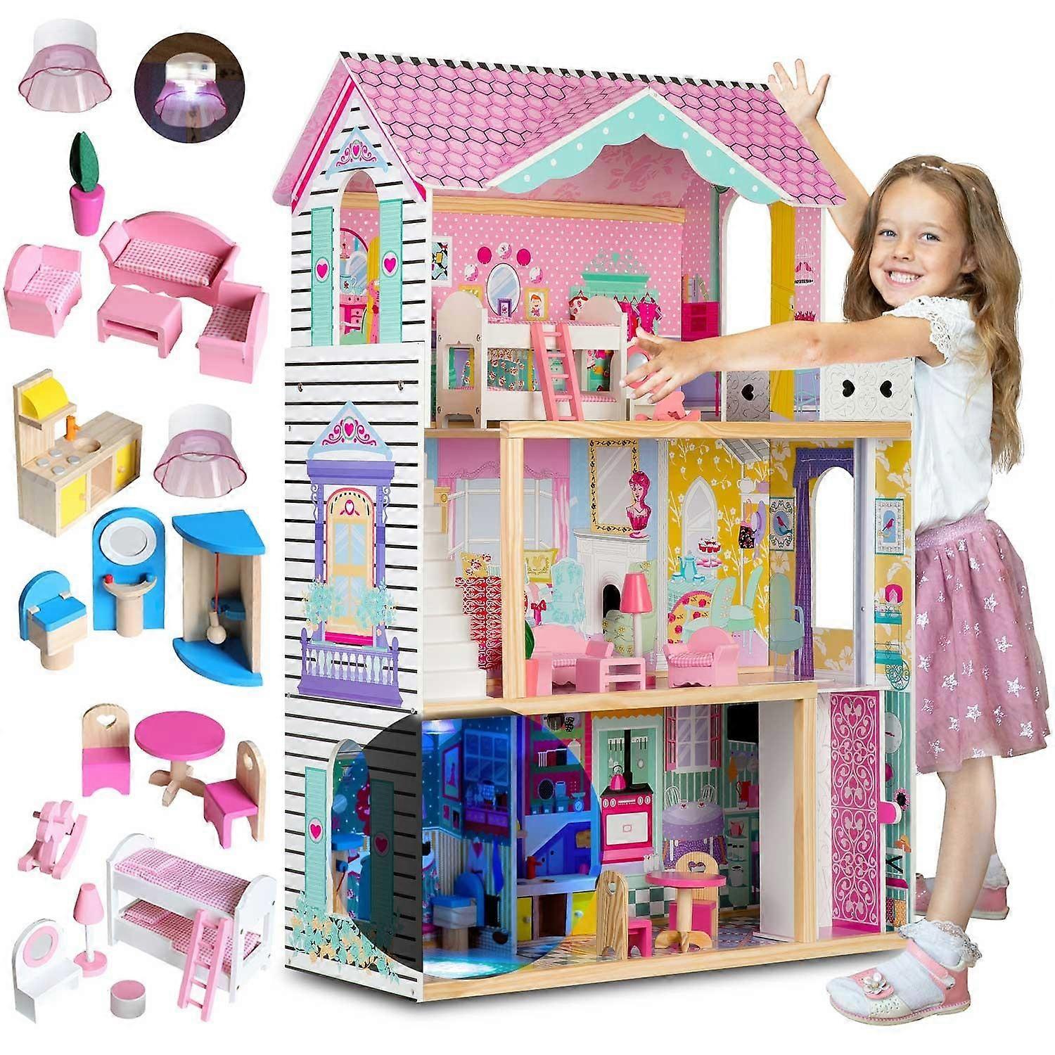 A large dollhouse on 3 floors with a lift and LED lamp