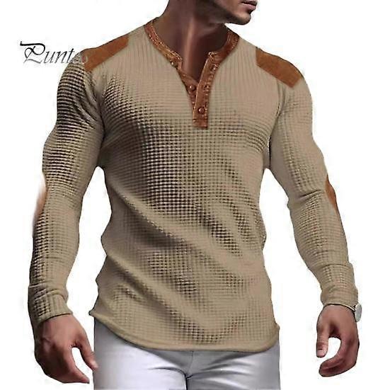Men Sweatshirt Patchwork Retro V Neck Buttons Waffle Texture Pullover Colorblock Slim Fit Daily Wear Sport Vacation Top