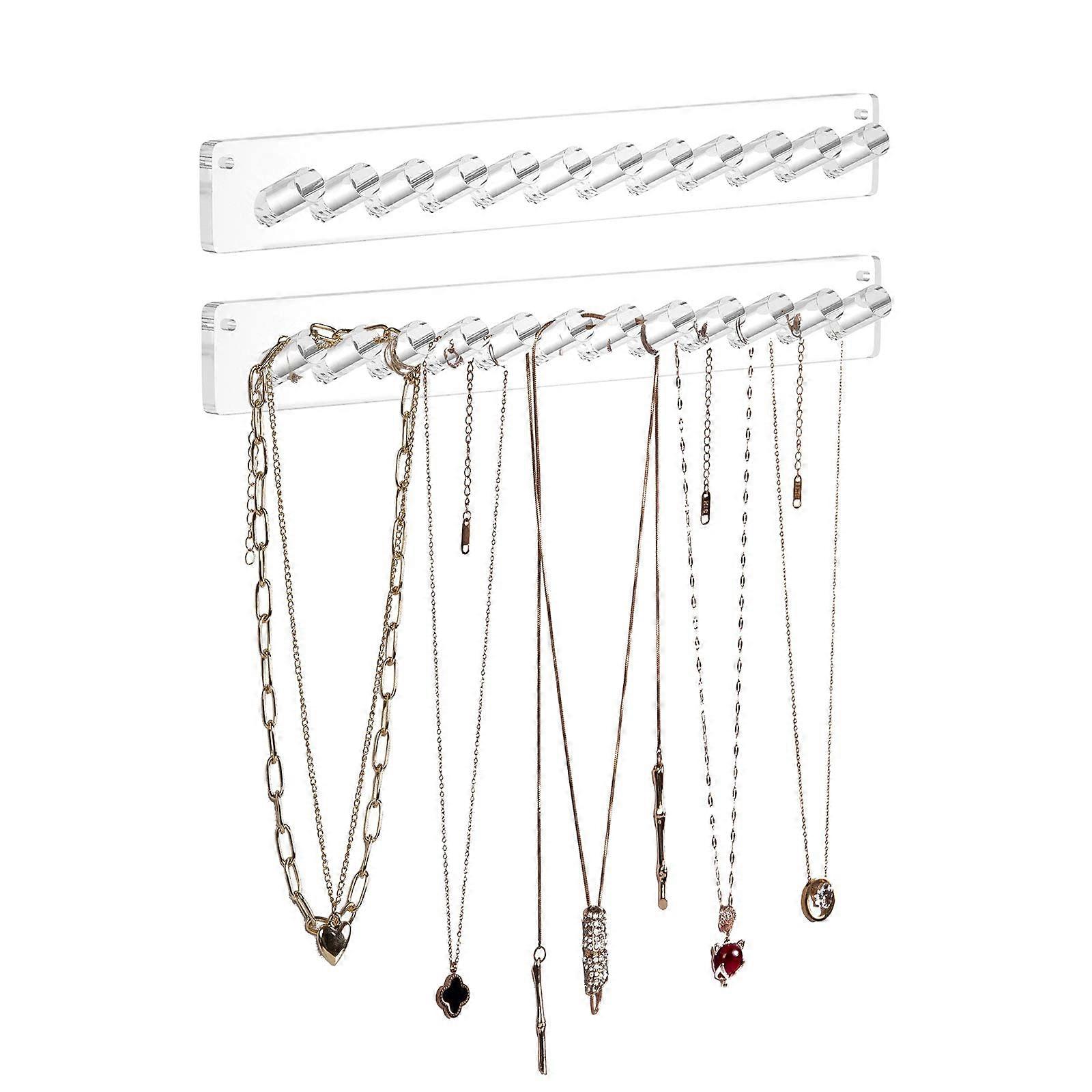 Acrylic Wall-Mounted Necklace Organizer Set of 2 with 12 Hooks for Jewelry Storage and Display, Clear Design