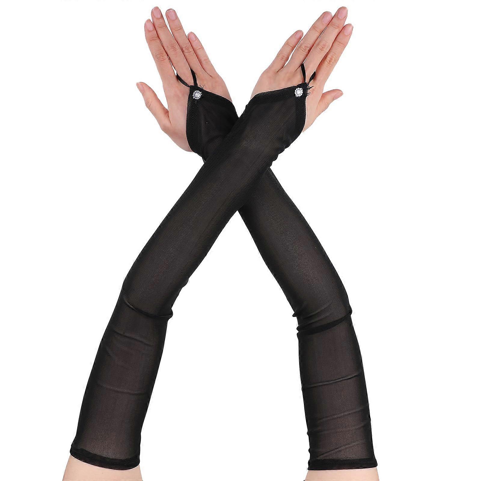 Women's Black Mesh Long Fingerless Gloves with Sheer Tulle