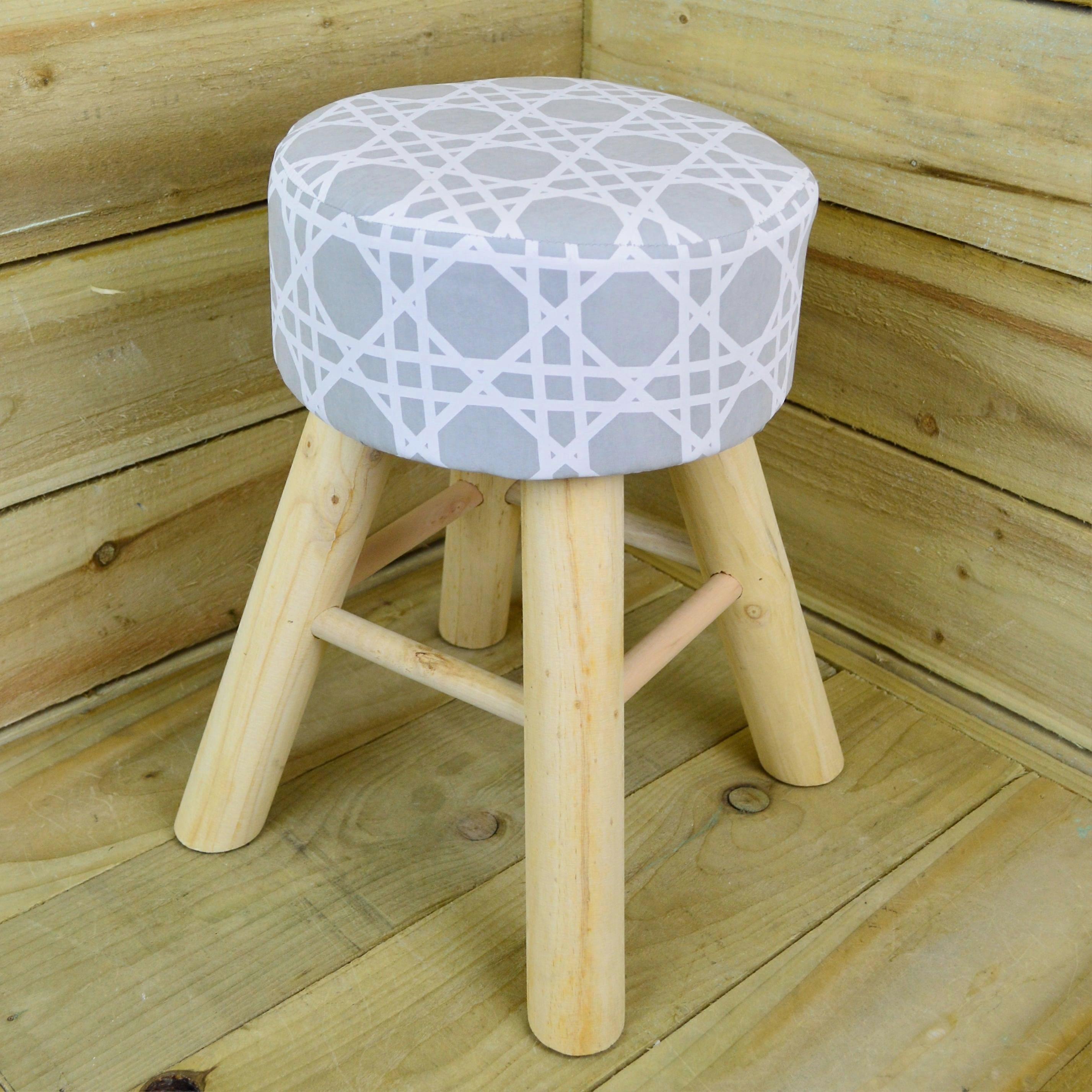 42Cm Grey Geometric Printed Fabric Covered 4 Legged Stool