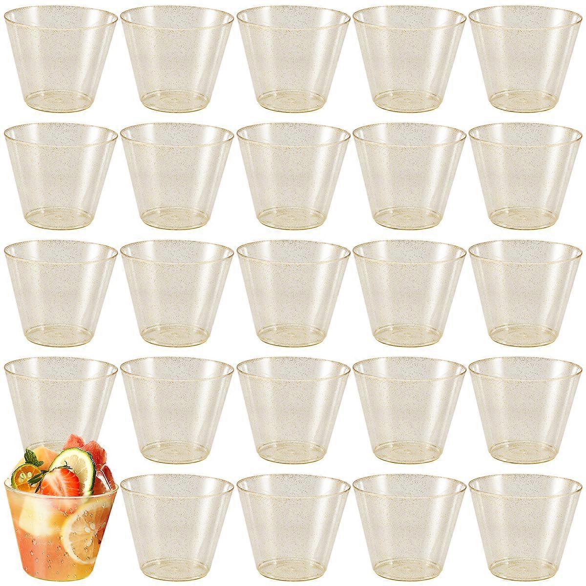 Gold Plastic Cups Clear Plastic Wine Glasses, Fancy Hard Plastic Cups with Gold Glitter for Cups 25Pcs