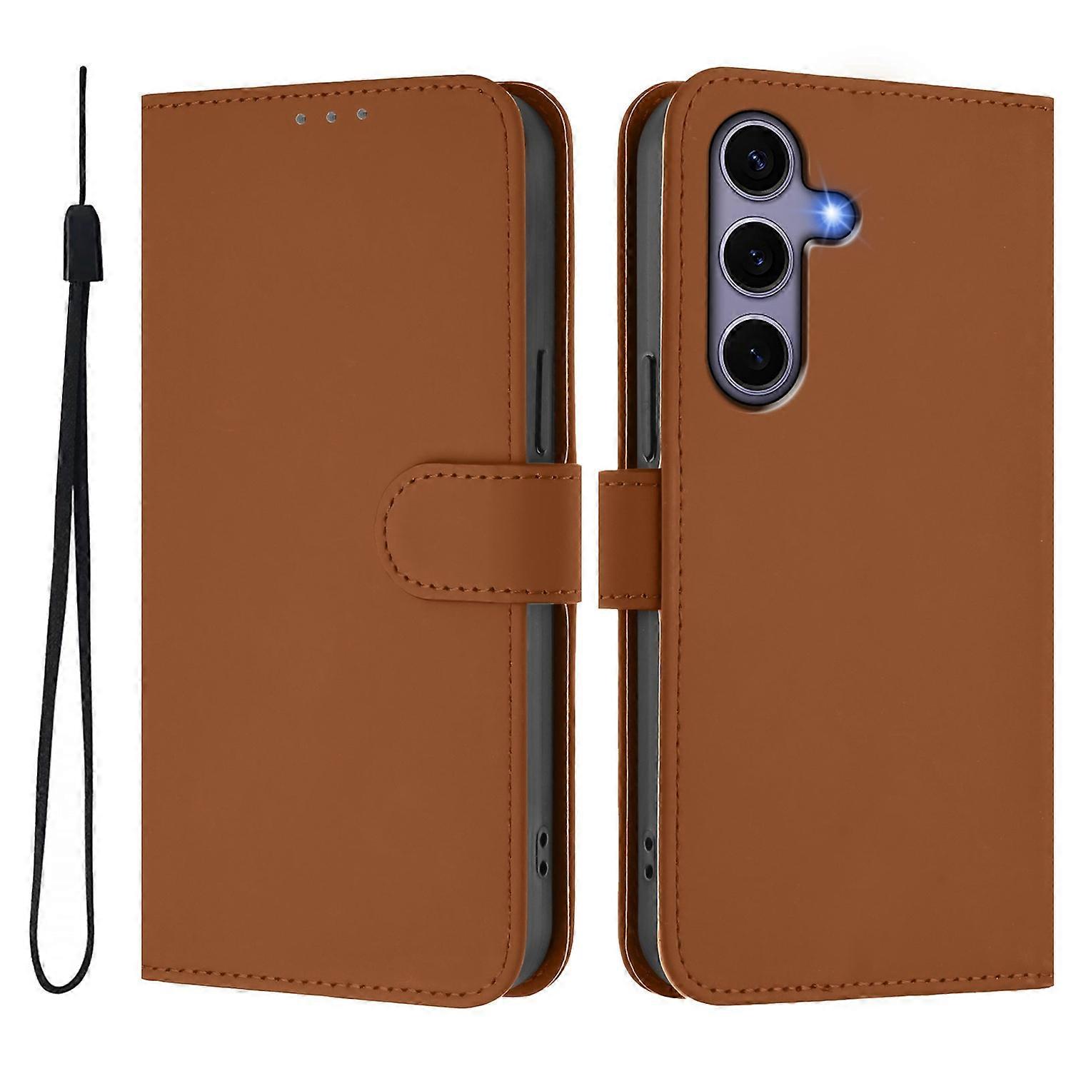 For Samsung Galaxy S24+/Galaxy S25+ Case Solid Color Wallet Leather Phone Cover with Strap-Brown