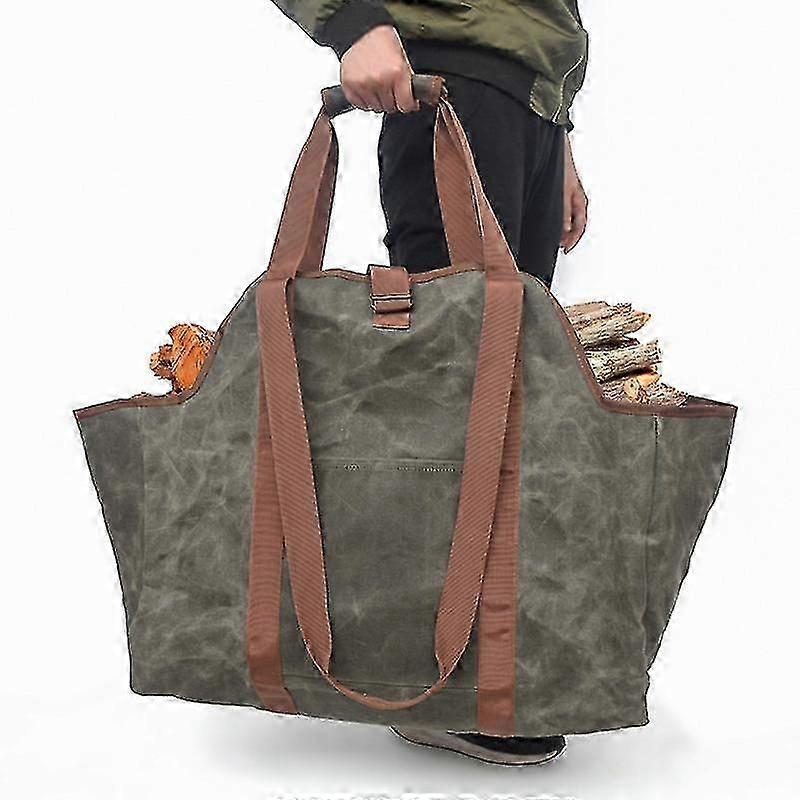 Waxed Canvas Log Tote, Oversized Durable Firewood Rack with Handle and Strap, Heavy Duty