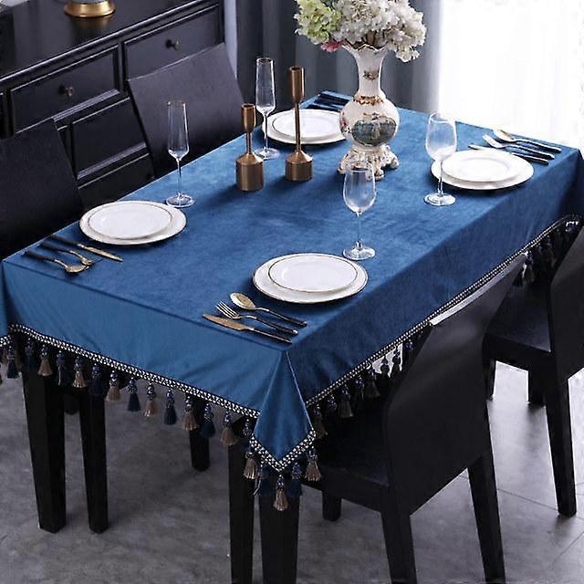 Vintage Solid Green Rectangular Tablecloth For Table Velvet Dining Party Square Table Cover Tassel Soft Blue Brief Table Cloth