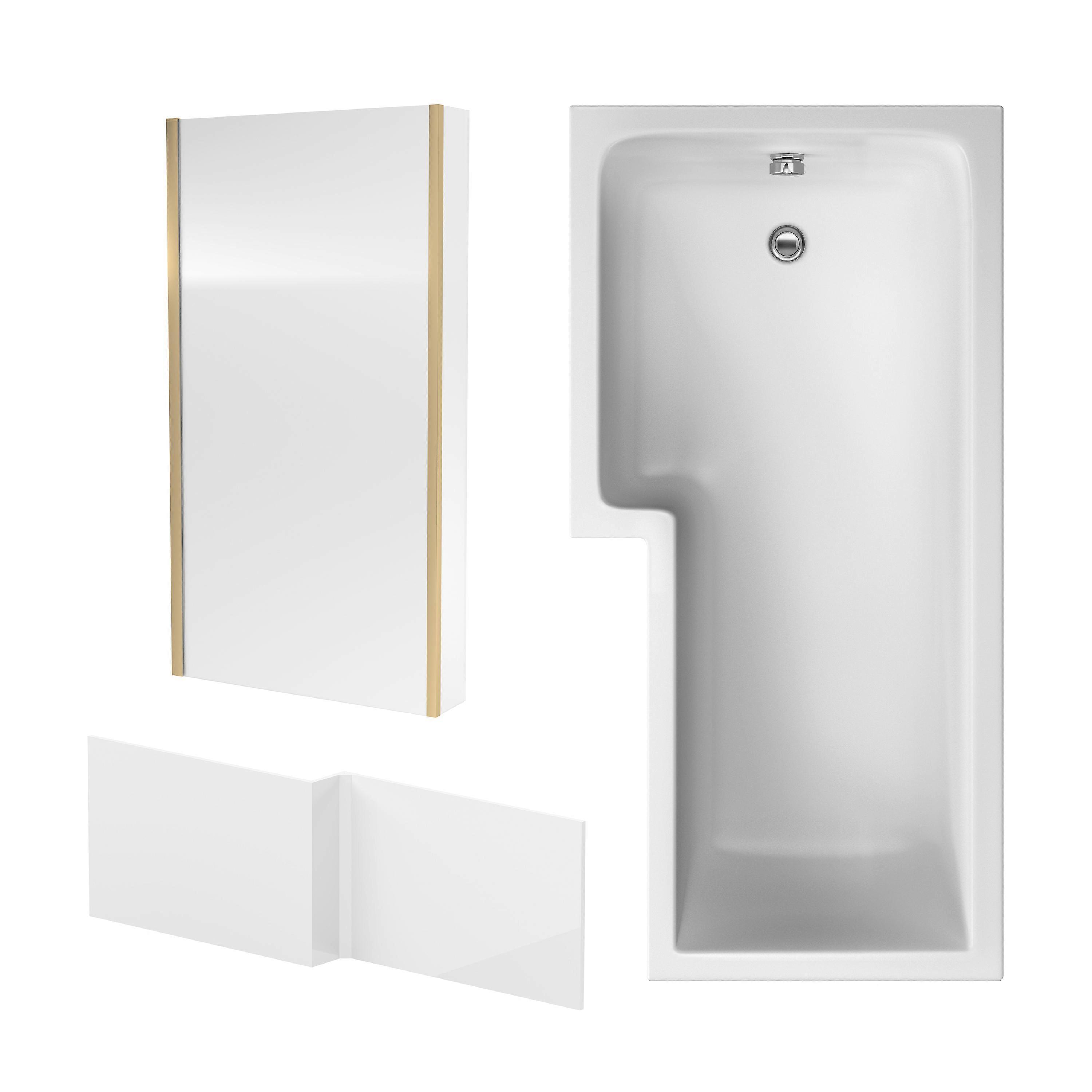 L Shape 1700x850 Shower Bath Set - Front Panel & Brushed Brass Fixed Return Screen, Left Hand