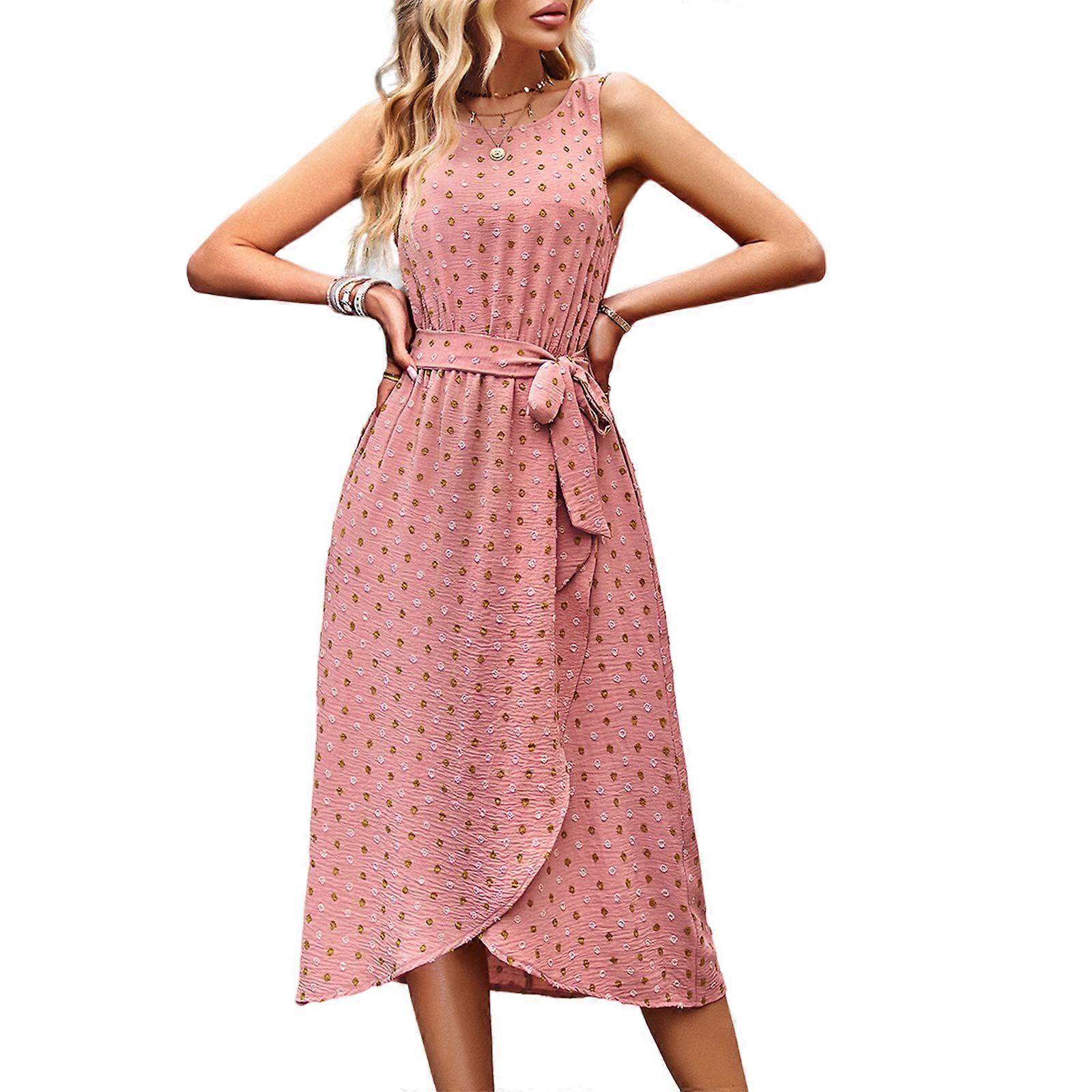 Womens Summer Sleeveless Round Neck Swiss-Dot A-Line Midi Dress Belted High Waist Split Front Tank Dresses with Pockets  orange XL
