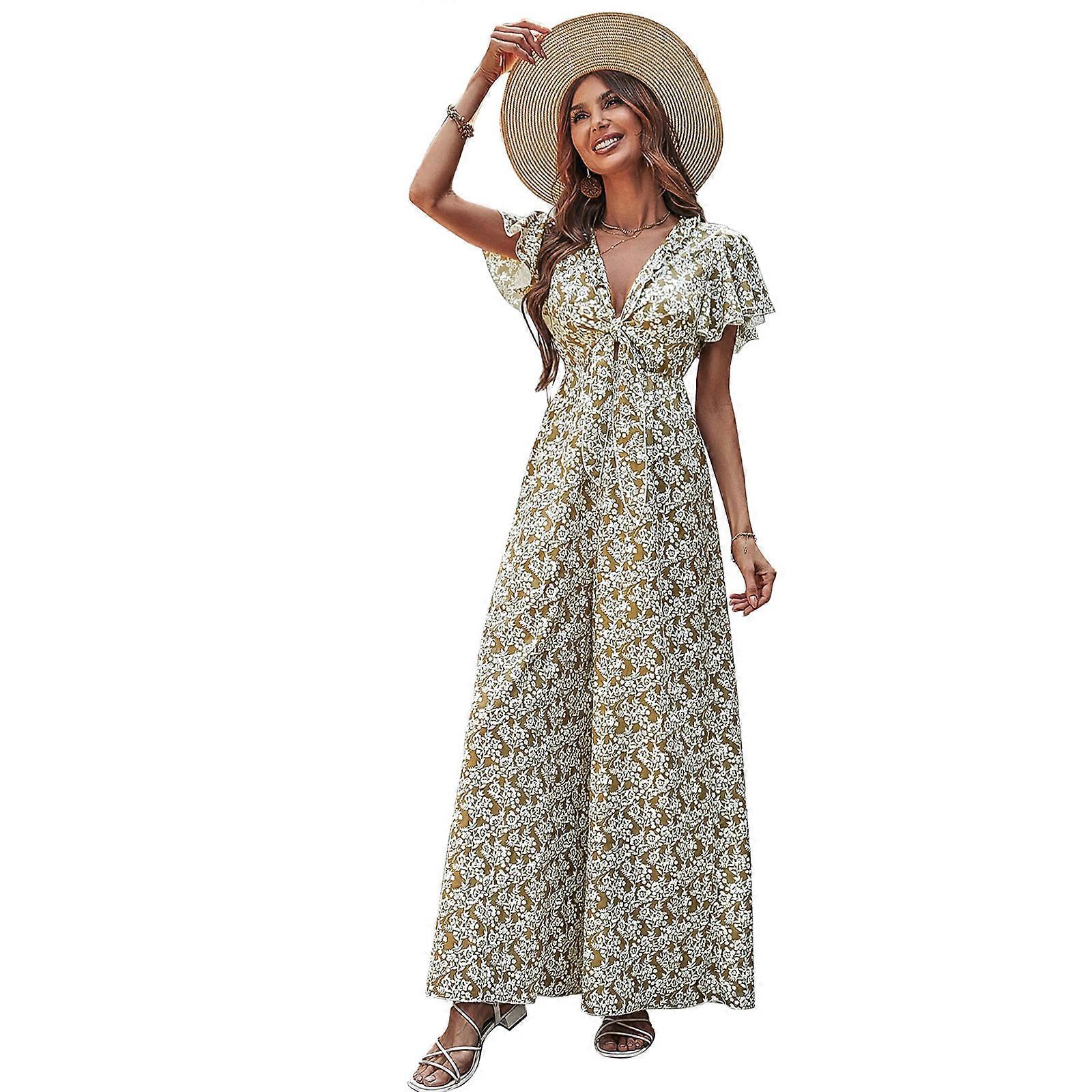 Femmes à manches courtes jambe large longue combinaison volants col en V cravate noeud fleurs barboteuses XL
