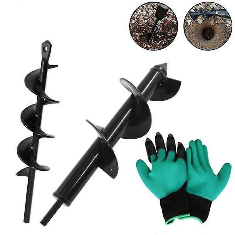 2 Pcs Garden Auger Drill Bit + Gloves Gardening Tool for Making Hole Planting Trees Shrubs Planting and Garden Tools