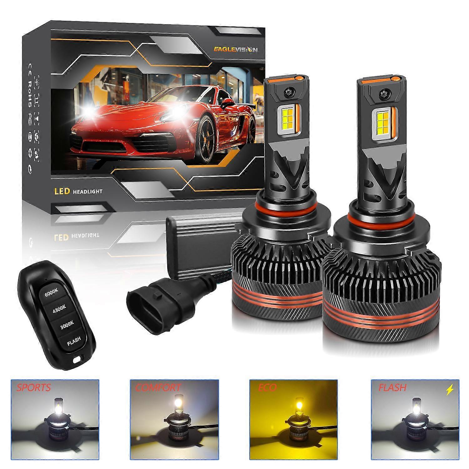2pcs/Pack 60W 8000LM 6000K Three Color Remote Control Car LED Headlight Bulb