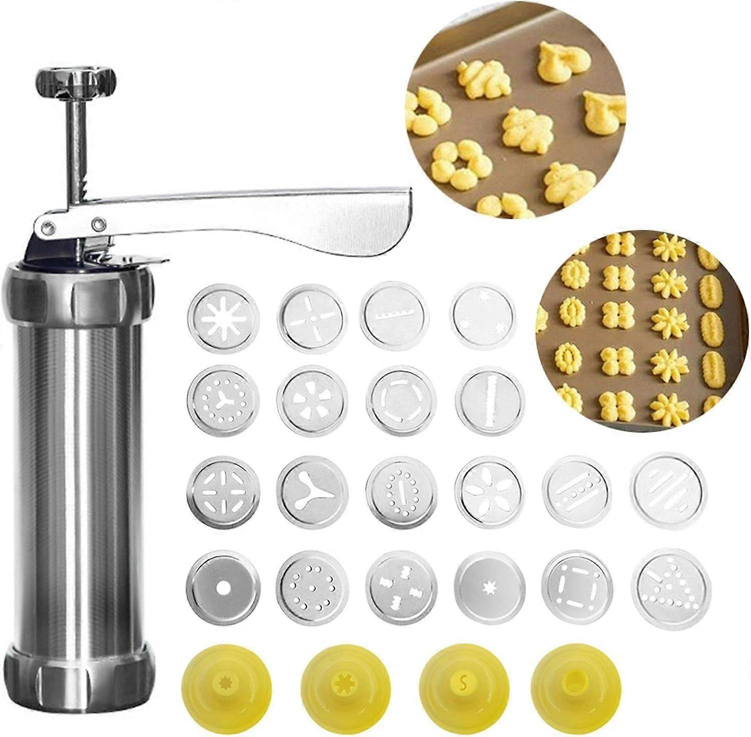 25pcs Cookie Press Set, Aluminum Alloy Cookie Press Set with 20 Discs and 4 NozzlesBiscuit Maker and Decoration (Silver/Yellow)