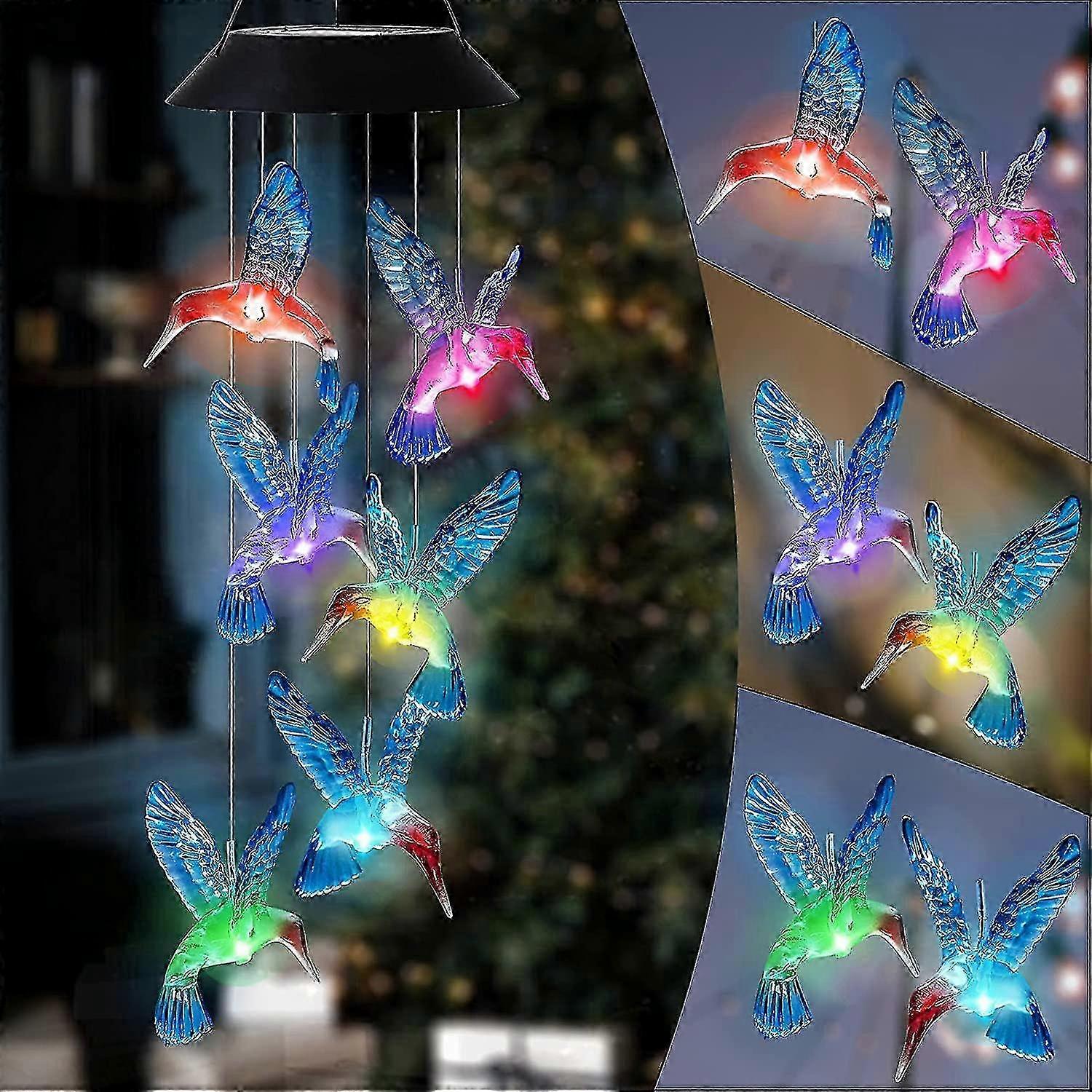 Color Changing Hummingbird Solar Wind Chime with Waterproof LED Lights for Mobile Solar Illumination, Perfect for Home, Yard, Garden, and Ho